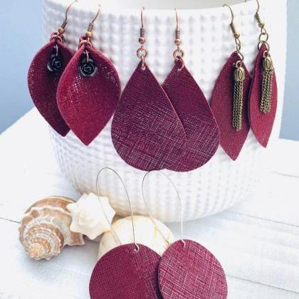 Cute Leather Earrings, Burgundy Leather Earrings |..