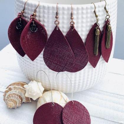 Cute Leather Earrings, Burgundy Leather Earrings |..