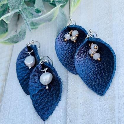 Cute Leather Earrings, Navy Leather..
