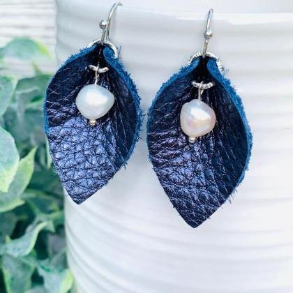 Cute Leather Earrings, Navy Leather..