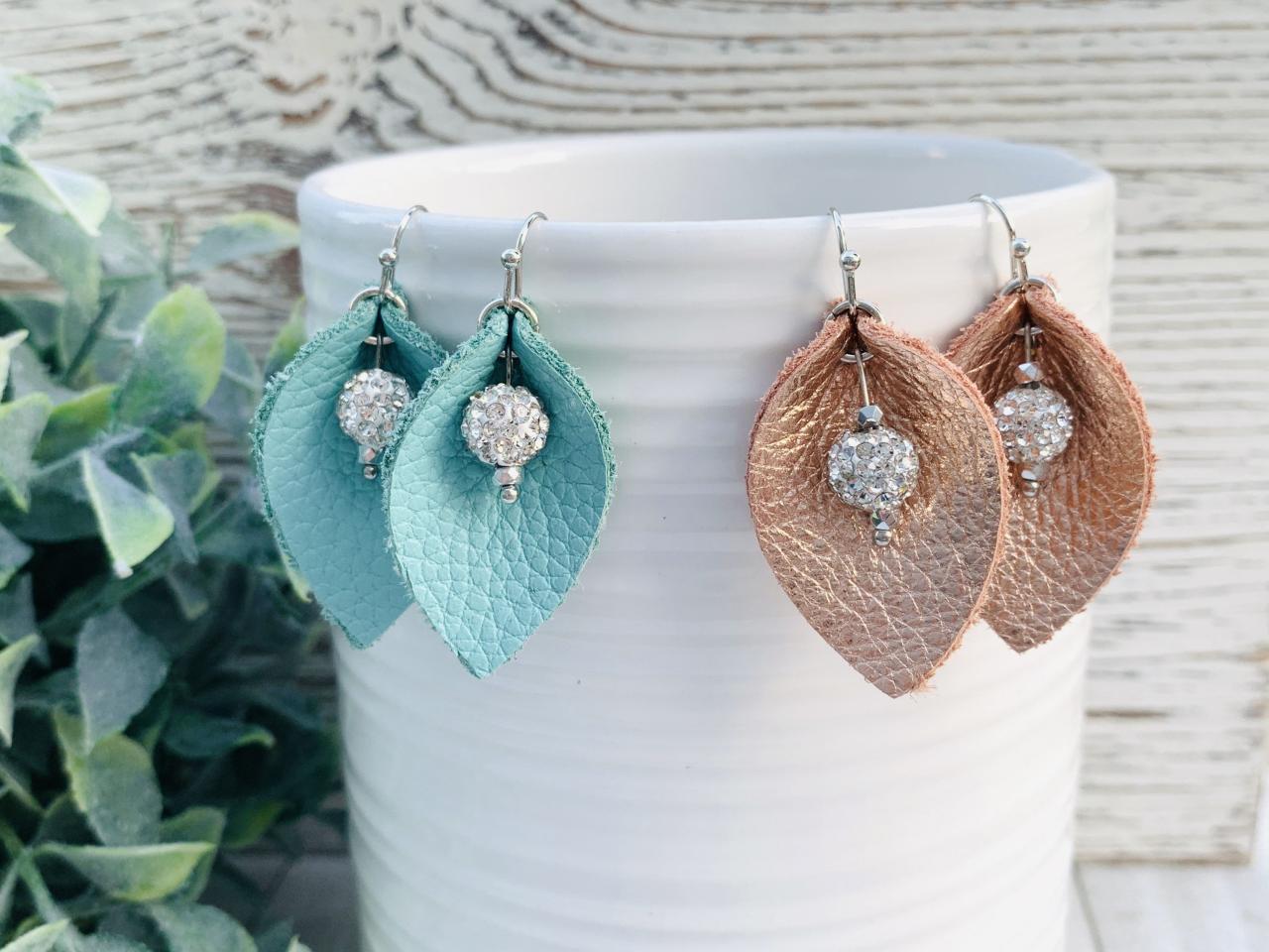 Leather Earrings | Teal Leather Earrings | Pinched Leather Earrings | Genuine Leather Earrings
