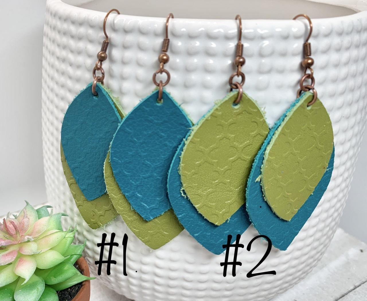 Clearance* Leather Earrings | Embossed Leather Earrings | Teal Leather Earrings | Dangle Earrings | Genuine Leather