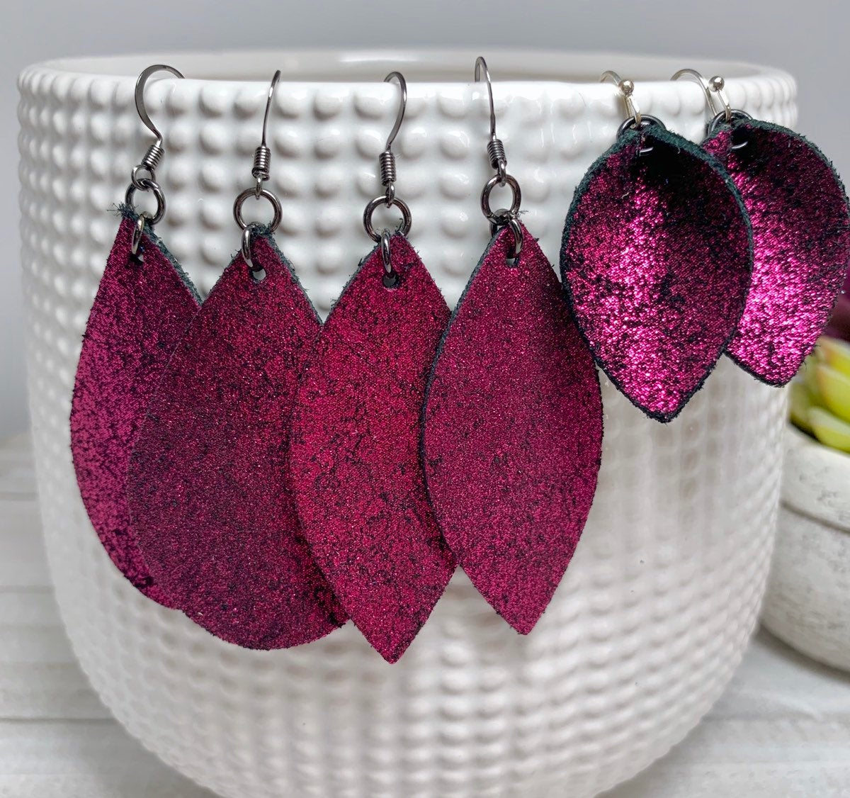 Clearance* Glitter Leather Earrings | Leather Earrings | Leather Earrings Teardrop | Metallic Leather Earrings | Genuine Leather | Pink Leat