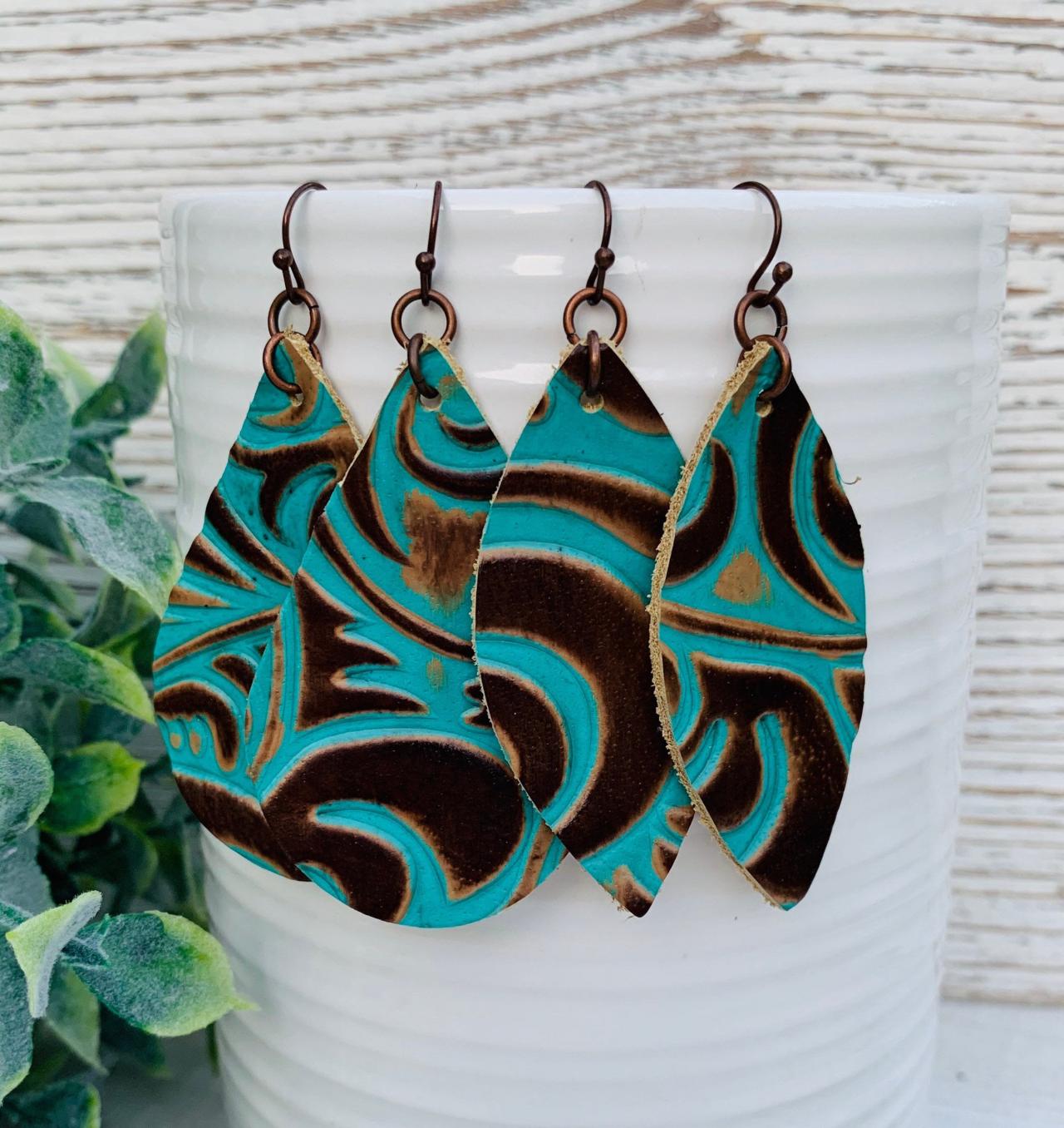 Cute Leather Earrings, Western Leather Earrings, Teardrop Earrings, Teal Leather Earrings