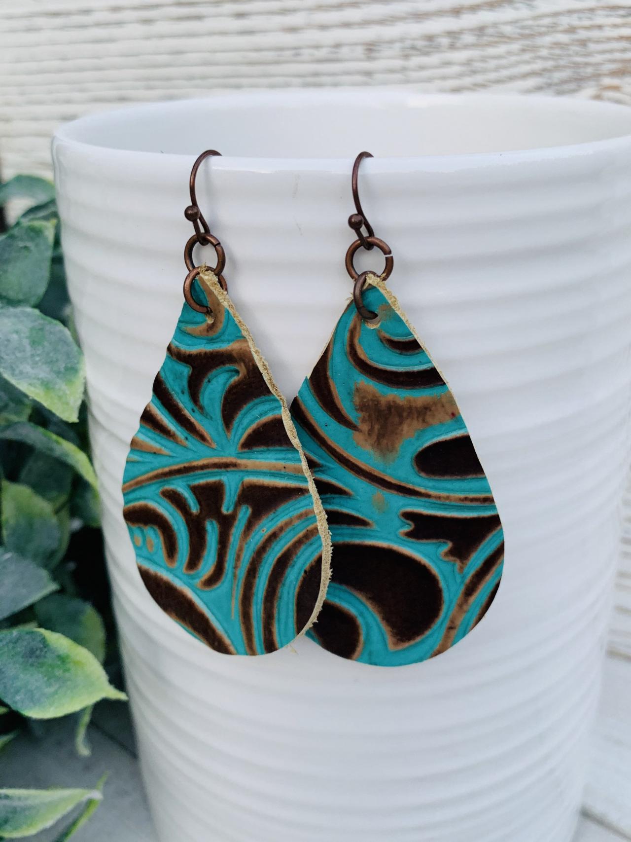 Cute Leather Earrings Western Leather Earrings Teardrop Earrings Teal Leather Earrings on Luulla
