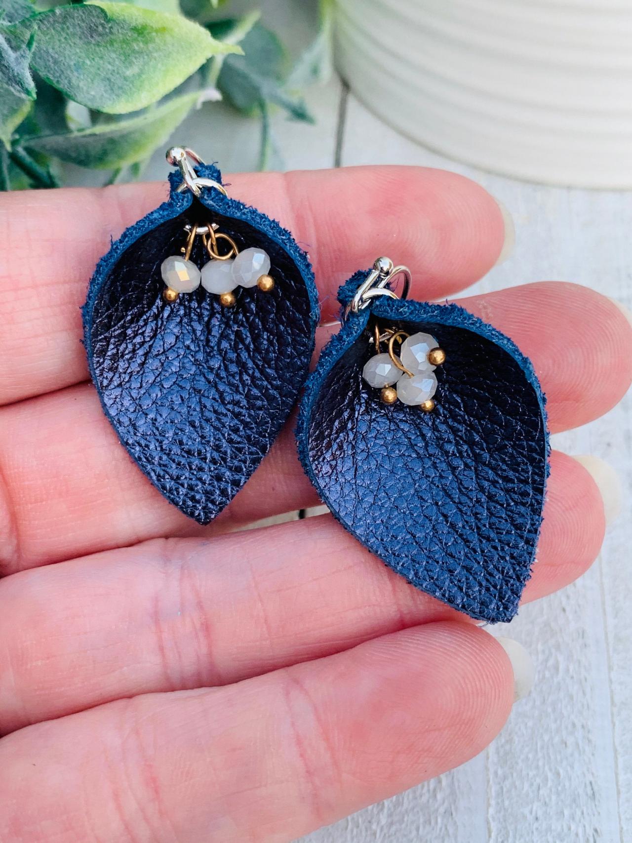 Cute Leather Earrings, Navy Leather Earrings, Pinched Leather Earrings, Small Leather Earrings