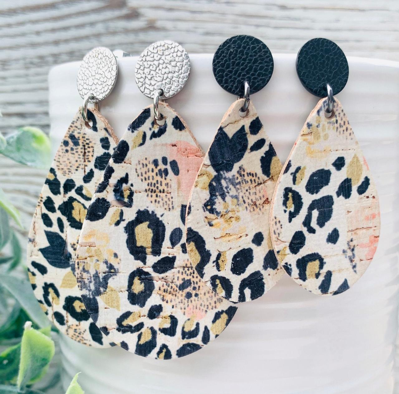 Cute Leather Earrings | Leopard Print Earrings | Leather Earrings | Cork Leather Earrings | Leopard Leather Earrings