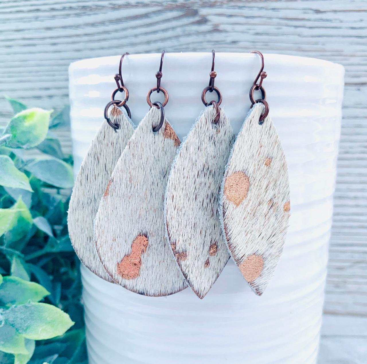 Cute Leather Earrings | Hair On Leather Earrings | Western Leather Earrings | Rose Gold Leather Earrings