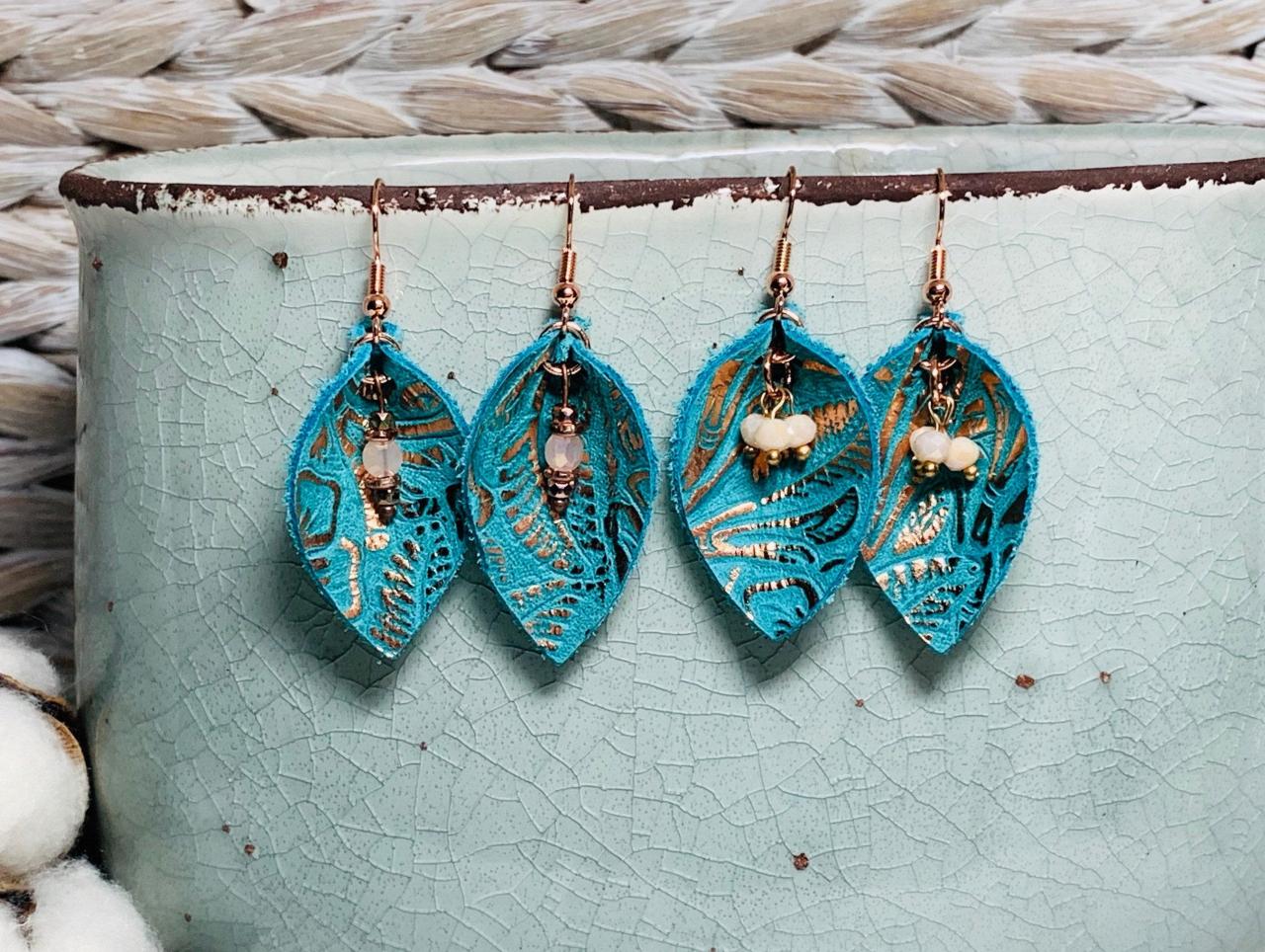 Cute Leather Earrings , Leather Earrings | Leather Earrings Teardrop | Teal Leather Earrings | Western Earrings | Embossed Leather