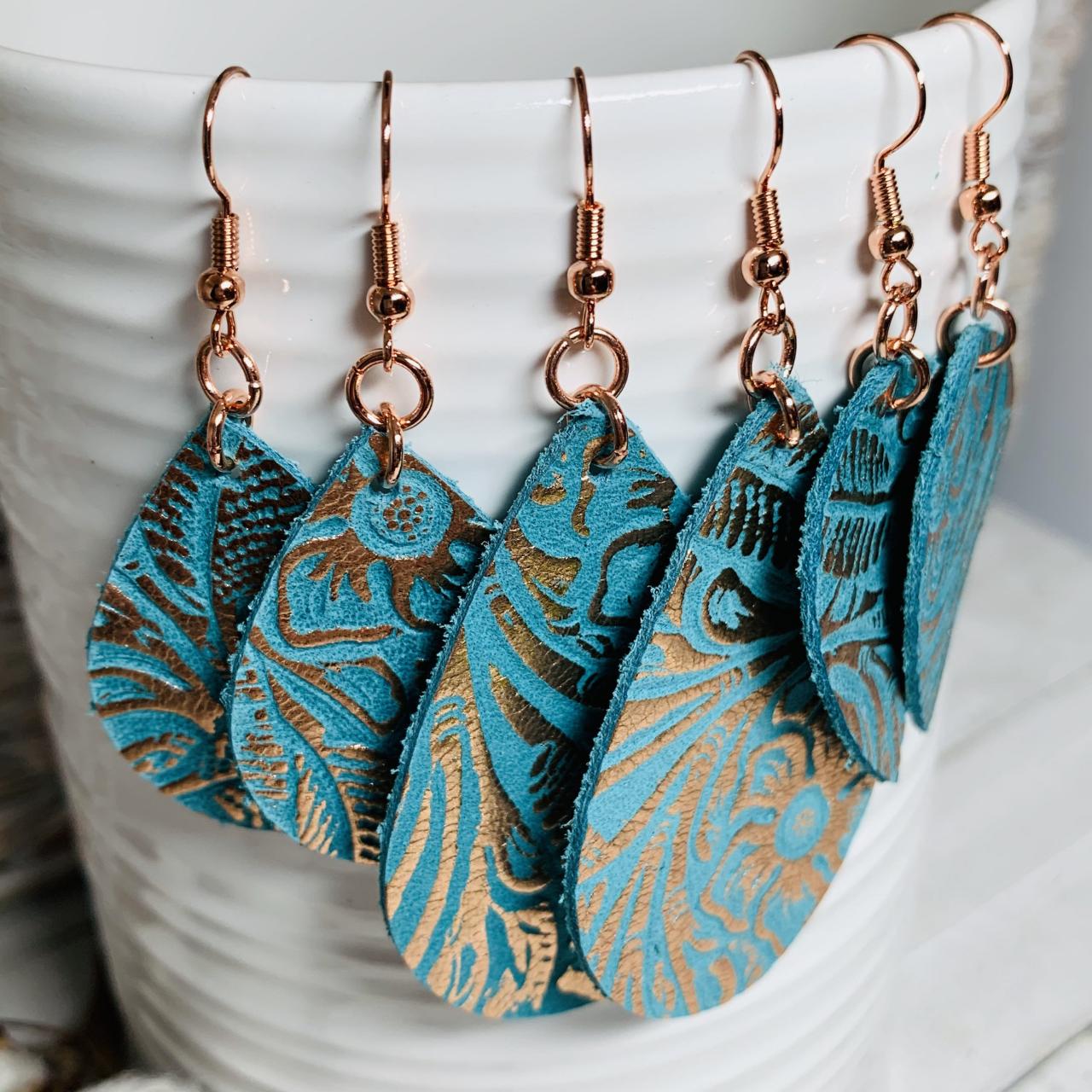 Cute Leather Earrings, Leather Earrings | Leather Earrings Teardrop | Teal Leather Earrings | Western Earrings | Embossed Leather