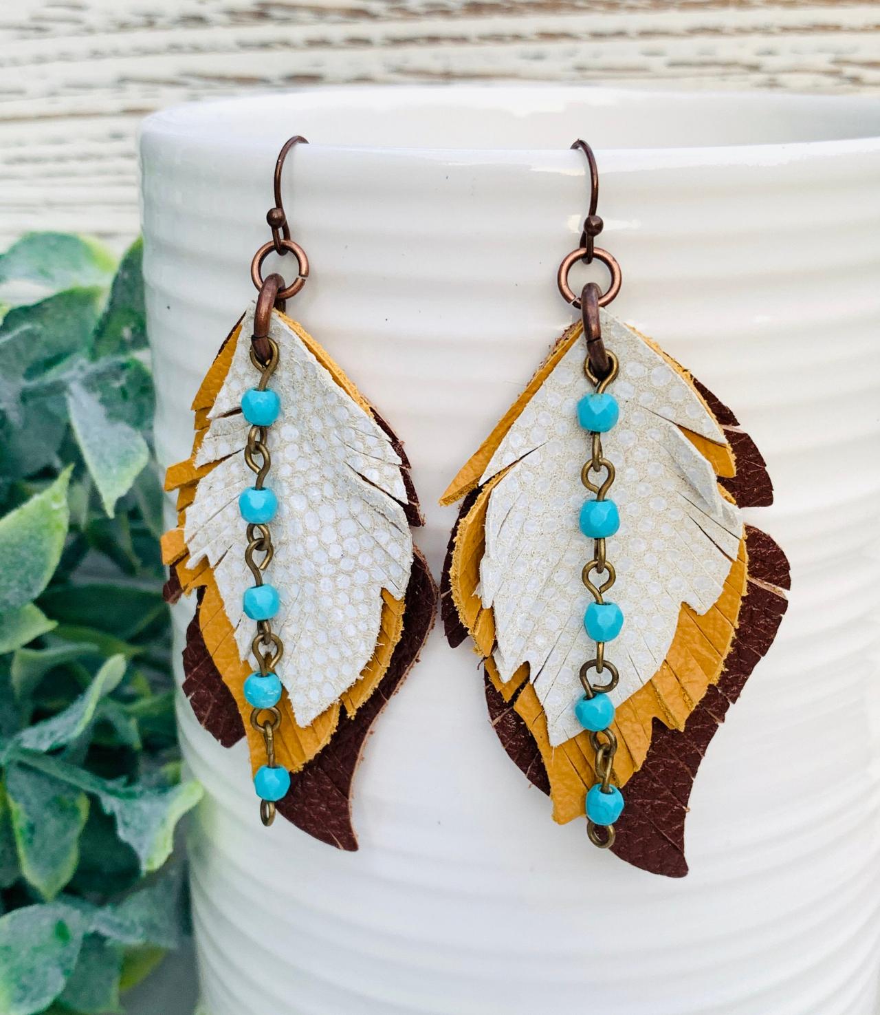 Cute Leather Earrings,feather Leather Earrings | Boho Leather Earrings | Leather Boho Earrings | Genuine Leather Earrings