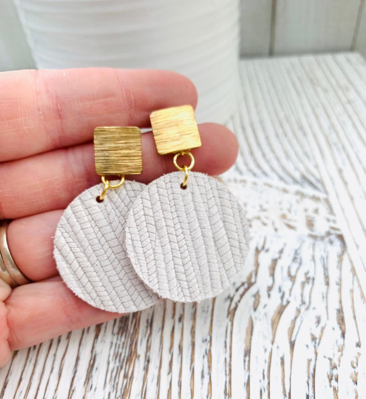 Cute Leather Earrings, Ivory Leather Earrings | Circle Leather Earrings | Embossed Leather Earrings | Genuine Leather