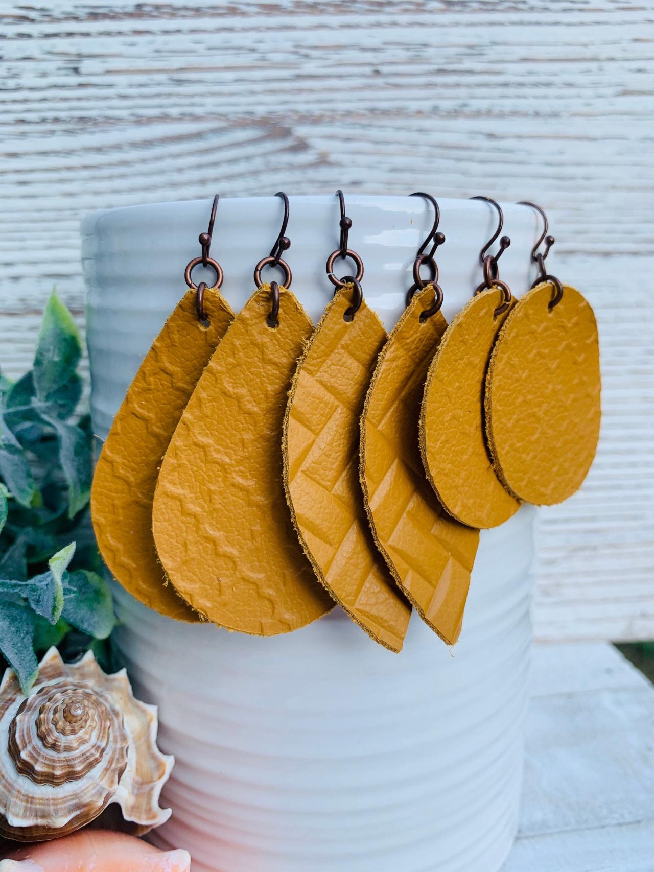 Cute Leather Earrings, Mustard Leather Earrings | Boho Leather Earrings | Leather Boho Earrings | Genuine Leather Earrings