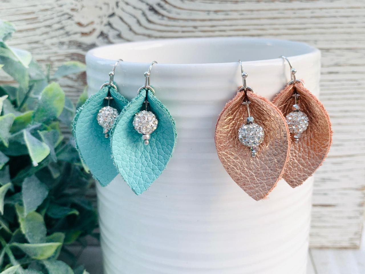 Cute Leather Earrings, Child Leather Earrings | Teal Leather Earrings | Pinched Leather Earrings | Genuine Leather Earrings