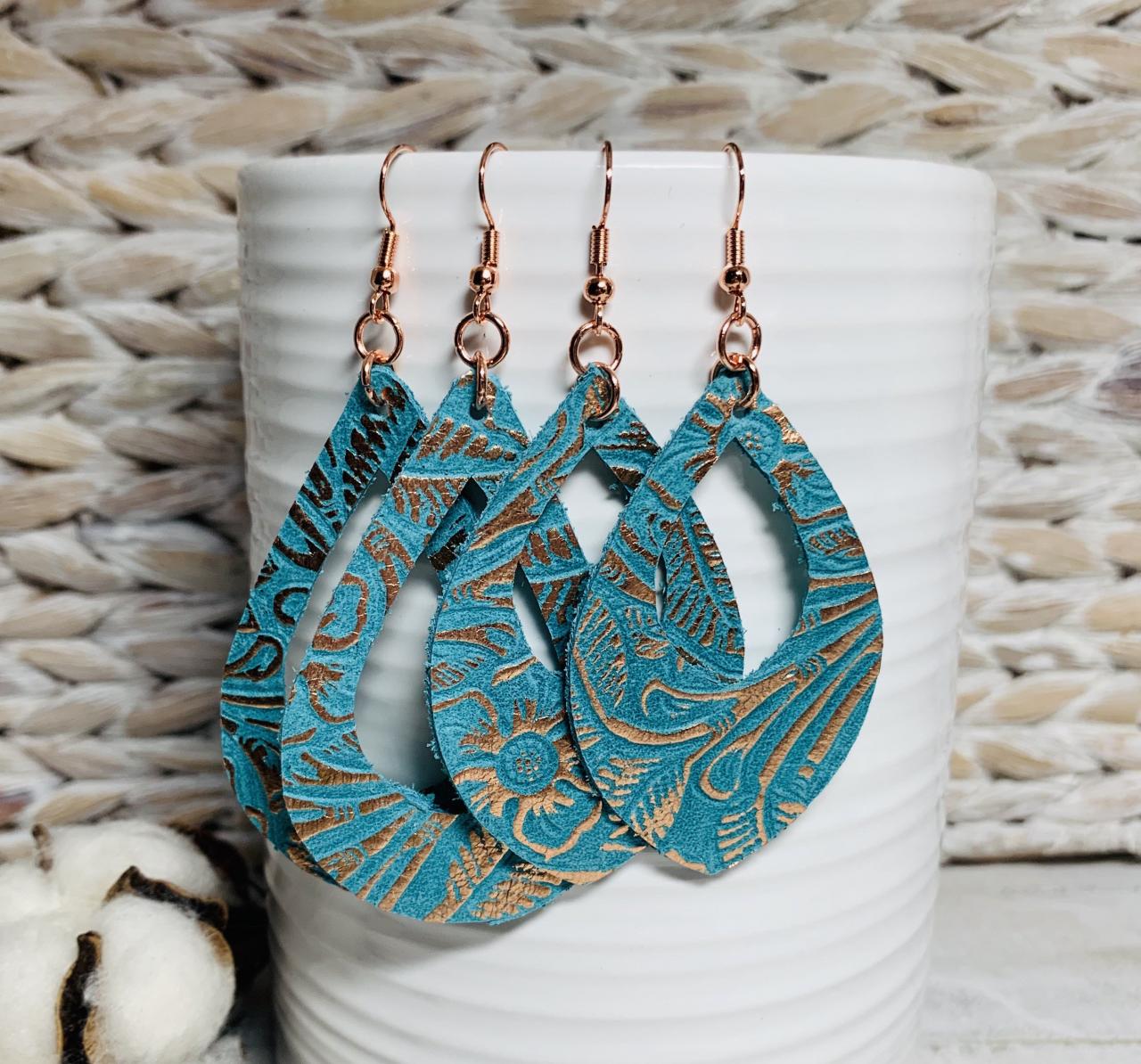 Cute Leather Earrings, Leather Earrings | Leather Earrings Teardrop | Teal Leather Earrings | Western Earrings | Embossed Leather