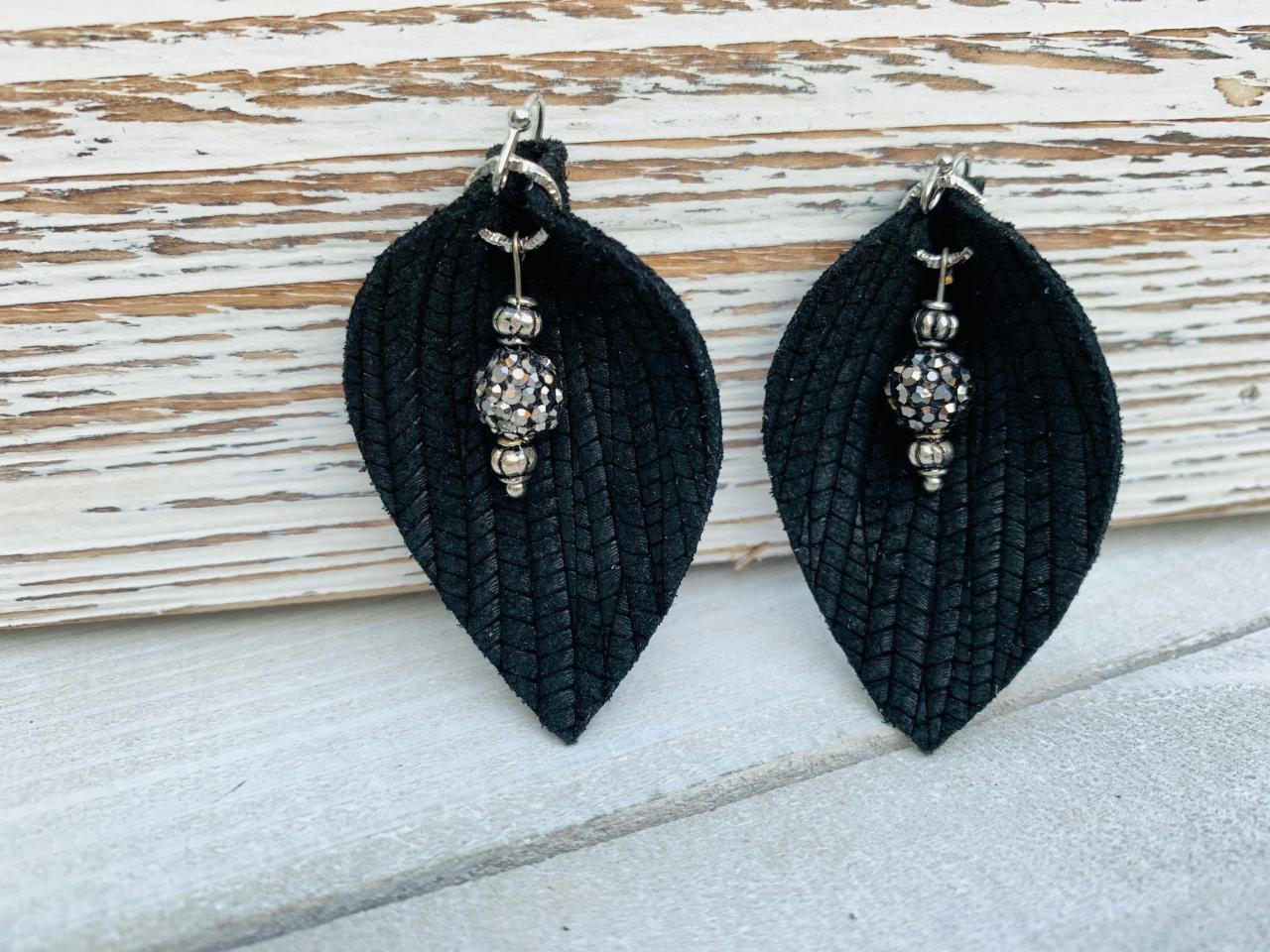 Cute Leather Earrings, Leather Earrings | Pinched Leather Earrings | Black Leather Earrings | Black Leather