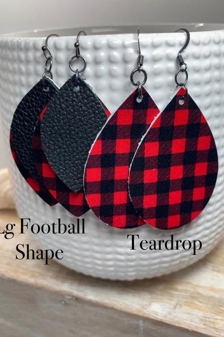 Buffalo Plaid Leather Earrings | Leather Earrings Teardrop | Buffalo Plaid Earrings | Genuine Leather