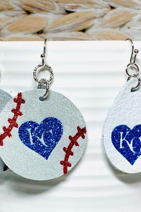 Kc Royals Leather Earrings | Kc Baseball Leather Earrings | Teardrop Earrings | Baseball Leather Earrings | Genuine Leather