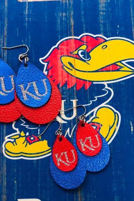 Ku Earrings | Kansas Jayhawks Earrings | Jayhawk Earrings | Leather Earrings Teardop - Officially Licensed