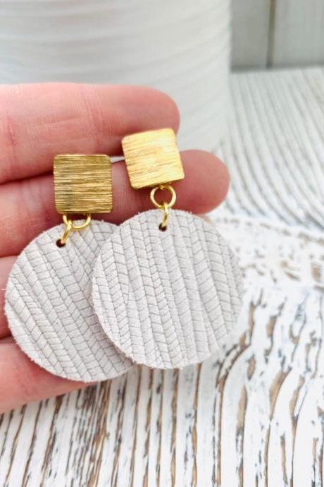Ivory Leather Earrings | Circle Leather Earrings | Embossed Leather Earrings | Genuine Leather