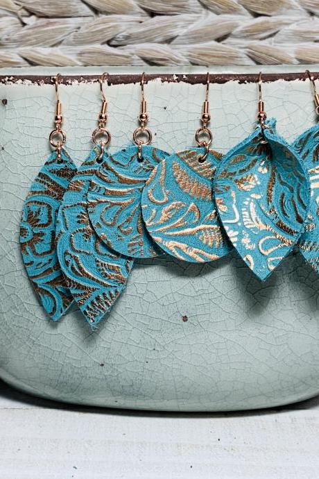 Cute Leather Earrings | Leather Earrings | Leather Earrings Teardrop | Teal Leather Earrings | Western Earrings | Embossed Leather