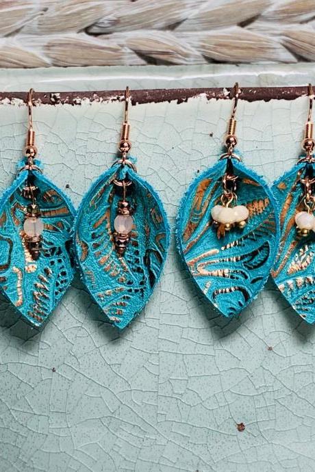 Cute Leather Earrings , Leather Earrings | Leather Earrings Teardrop | Teal Leather Earrings | Western Earrings | Embossed Leather