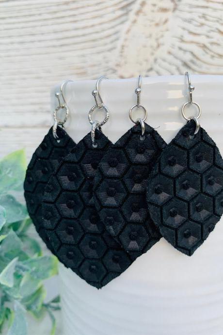 Cute Leather Earrings, Honeycomb Leather Earrings | Black Leather Earrings | Black Honeycomb Leather | Genuine Leather