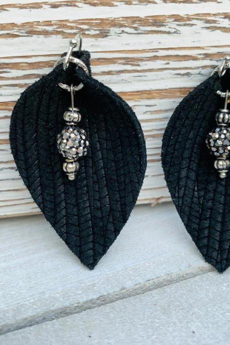 Cute Leather Earrings, Leather Earrings | Pinched Leather Earrings | Black Leather Earrings | Black Leather