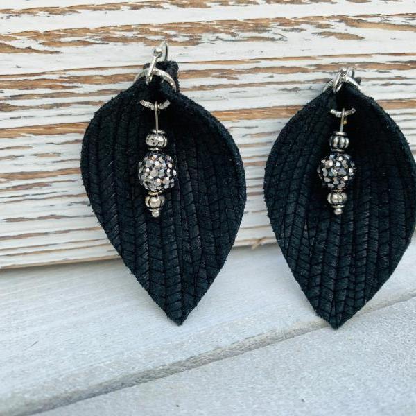 Cute Leather Earrings, Leather Earrings | Pinched Leather Earrings | Black Leather Earrings | Black Leather